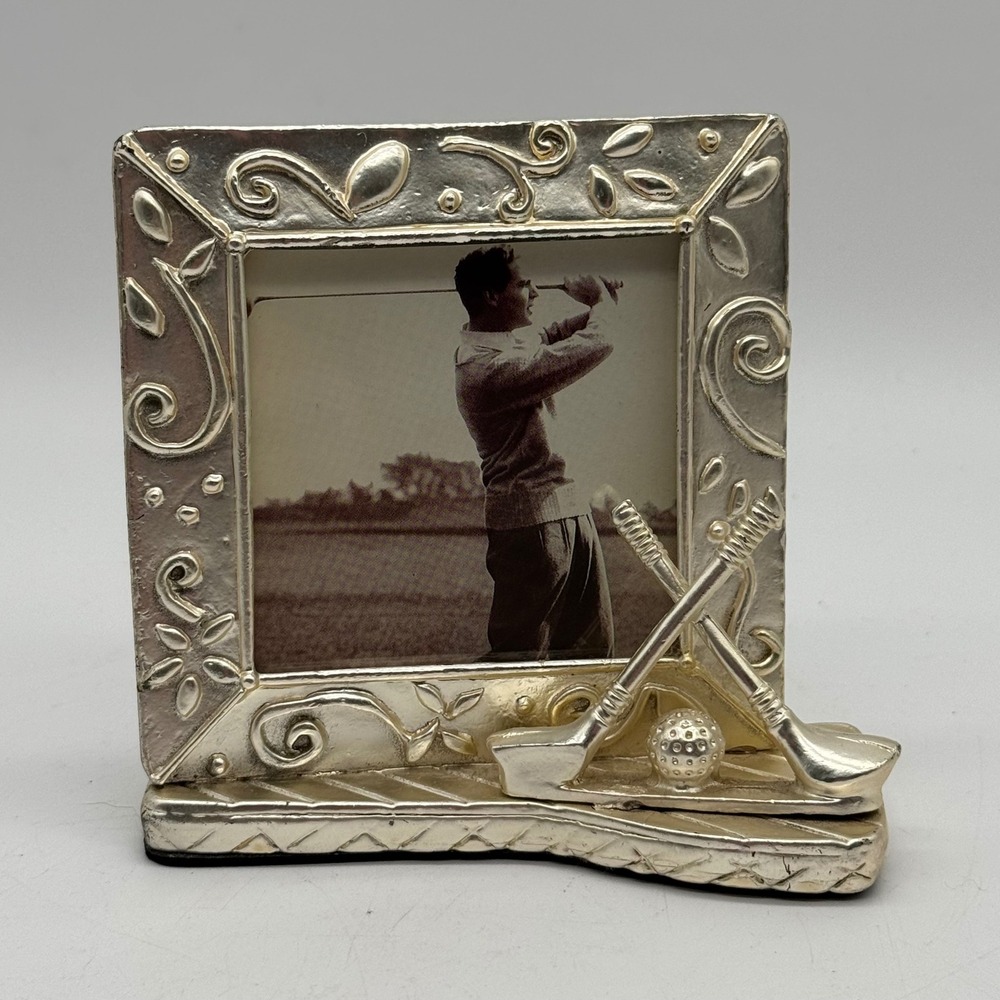 Vintage Solid Pewter Mini Golf Picture Frame 3D Crossed Clubs Ball Square Photo